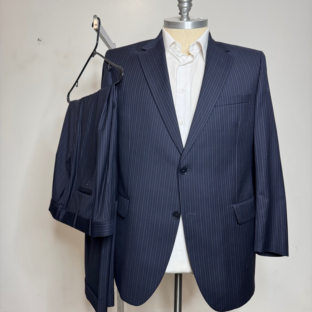 Coppley Suit Mens 46R 40x29 Navy Blue Pinstripe Wool Pleated Cuffed Guffey's